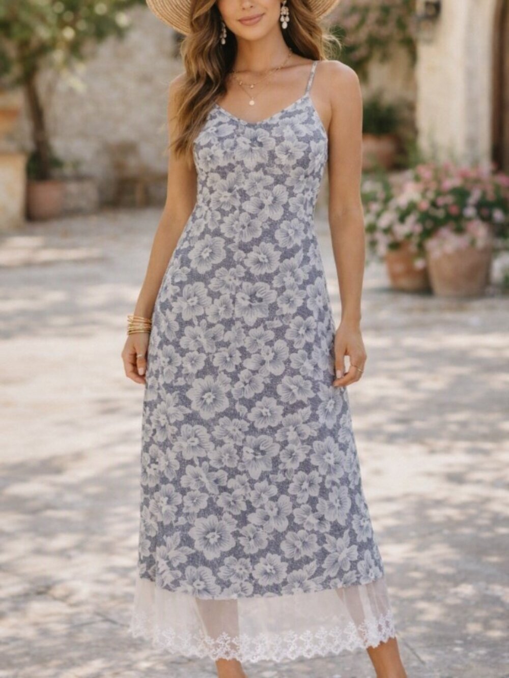 Fashion Week Blue White Floral Lace Print Slip Dress M Boho Cottagecore Feminine